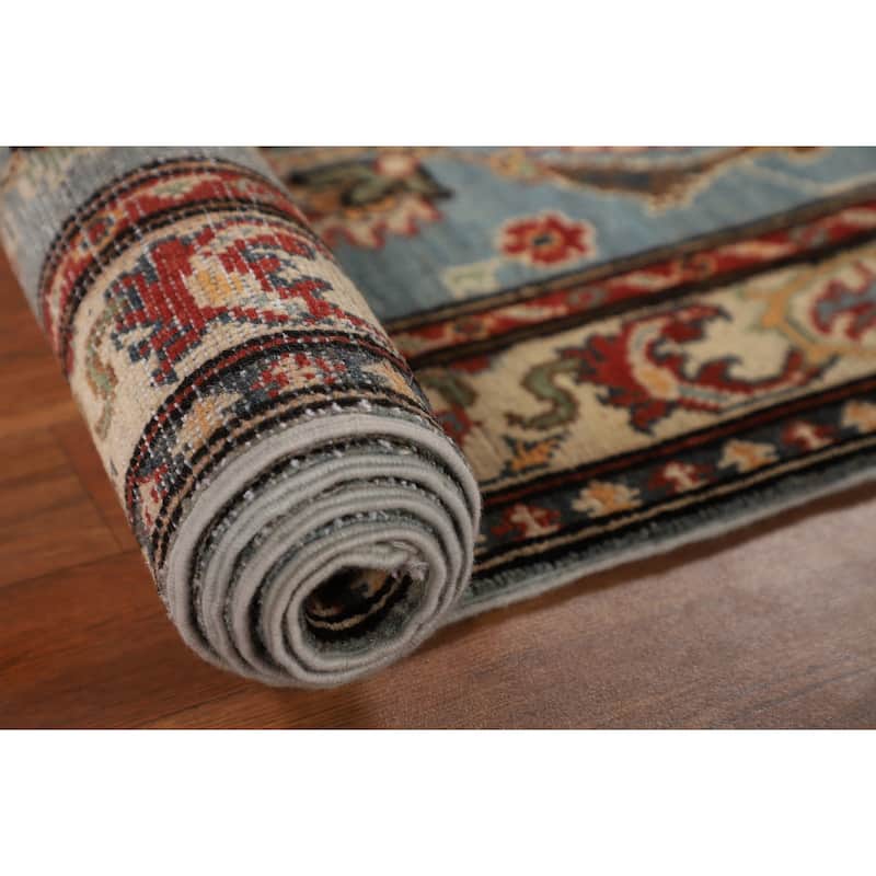 Light Blue Kazak Oriental Runner Rug Hallway Handmade Wool Carpet - 2'1" x 5'7"