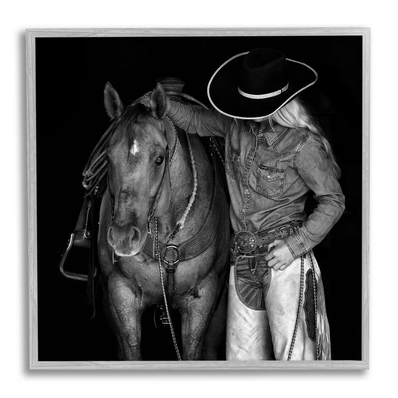 Stupell Dark Horse & Cowboy Framed Giclee Art Design by PBurchettePhoto - 17 x 17 - Grey
