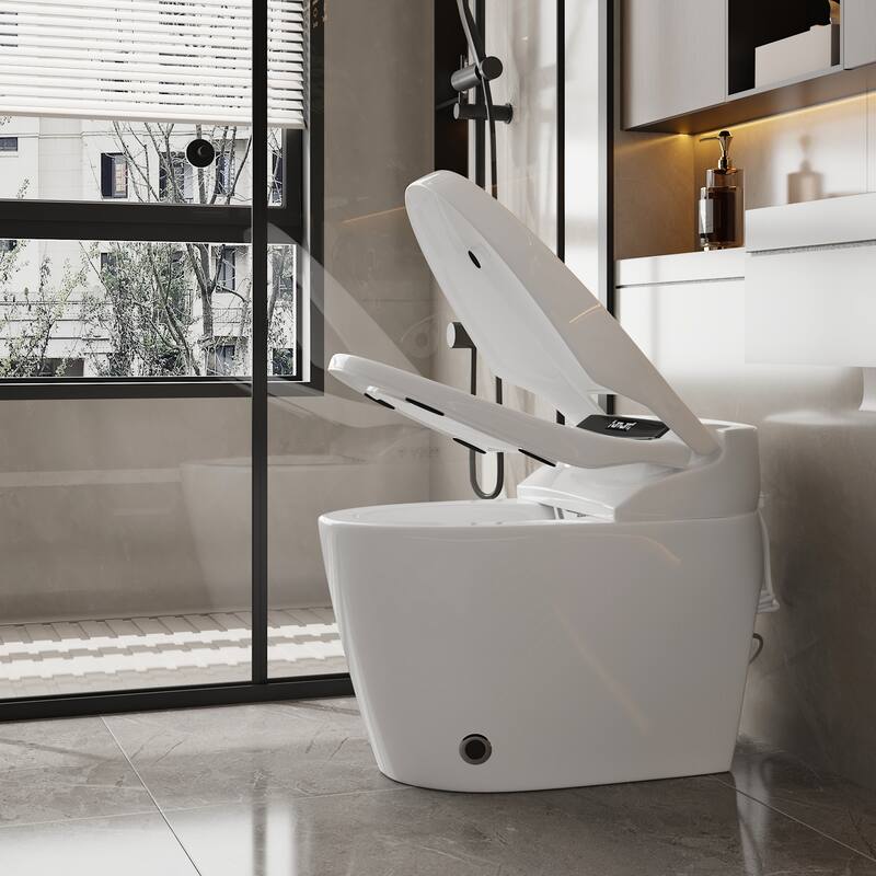 Smart Toilet with Automatic Lid, Heated Seat, Foot Sensing Flush, Warm Air Dryer & Self-Cleaning Nozzle with Built-in Tank