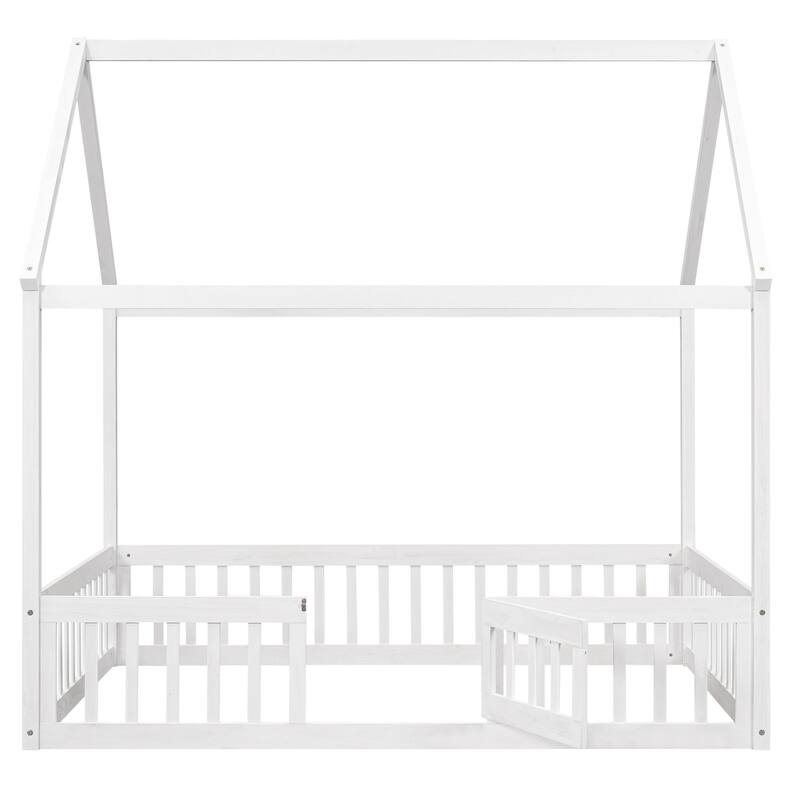 Twin/Full Size Wood House Bed with Fence, Door, and Roof for Children's Bedrooms, Small Space, No Box Spring Needed