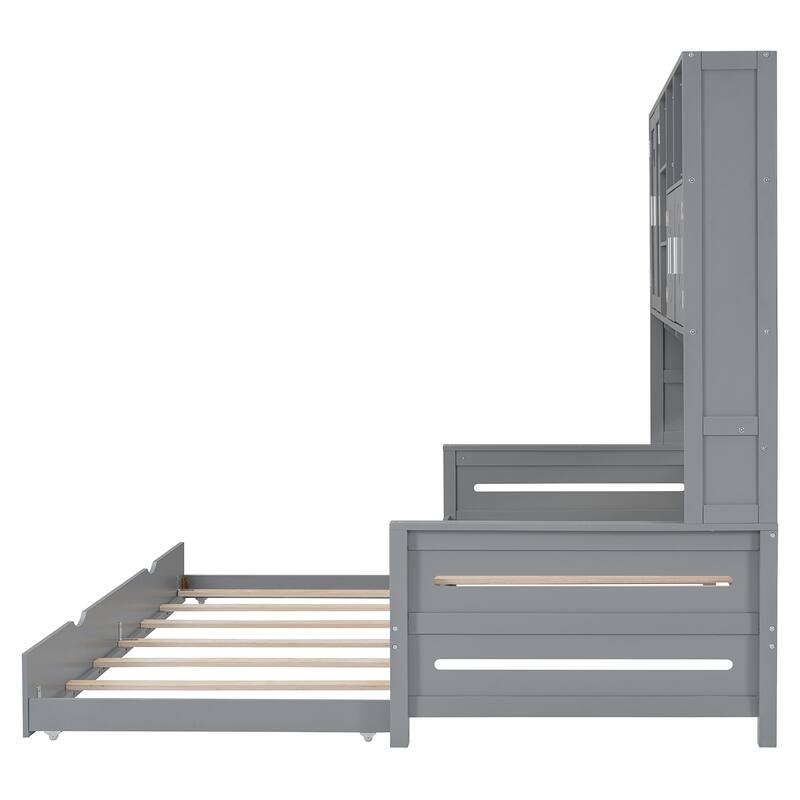 Full Size Wood Daybed with Built-in Storage Cabinet, Open Shelves & Twin Trundle Bed, Space-Saving Multi-Functional Frame