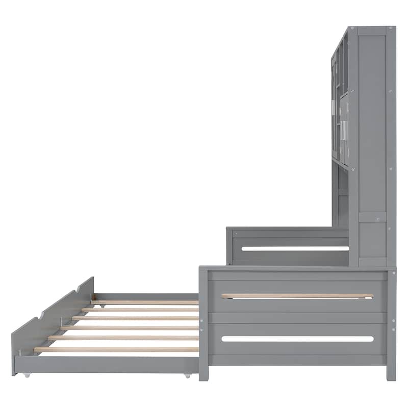 Twin Size Wooden Daybed With Twin Size Trundle, and All-in-One Cabinet and Shelf