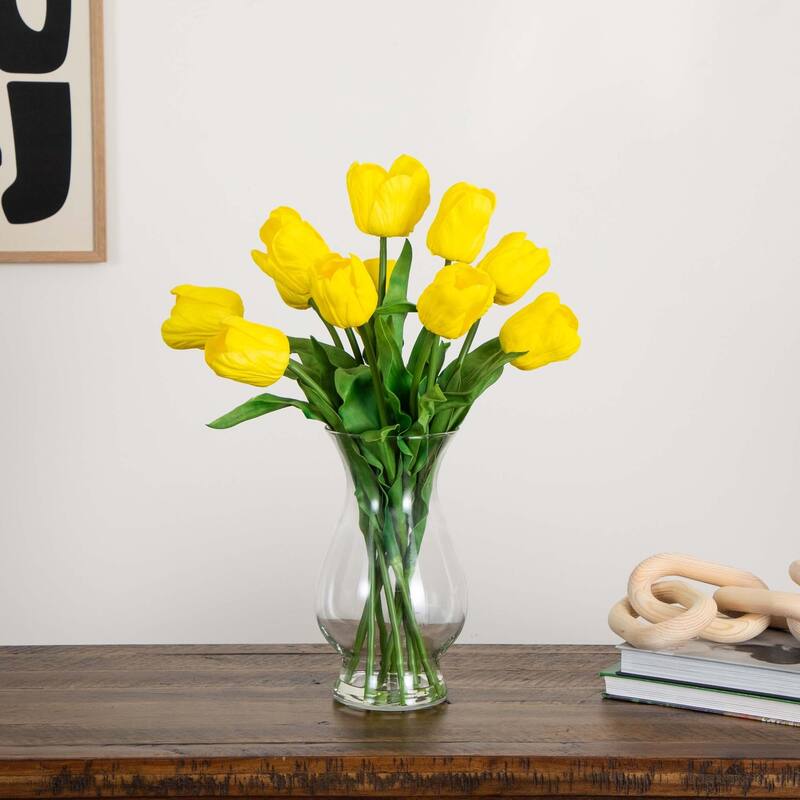 Tulip Artificial Floral Arrangement with Vase - 21" - Yellow and Green