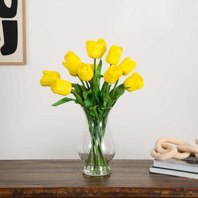 Tulip Artificial Floral Arrangement with Vase - 21" - Yellow and Green