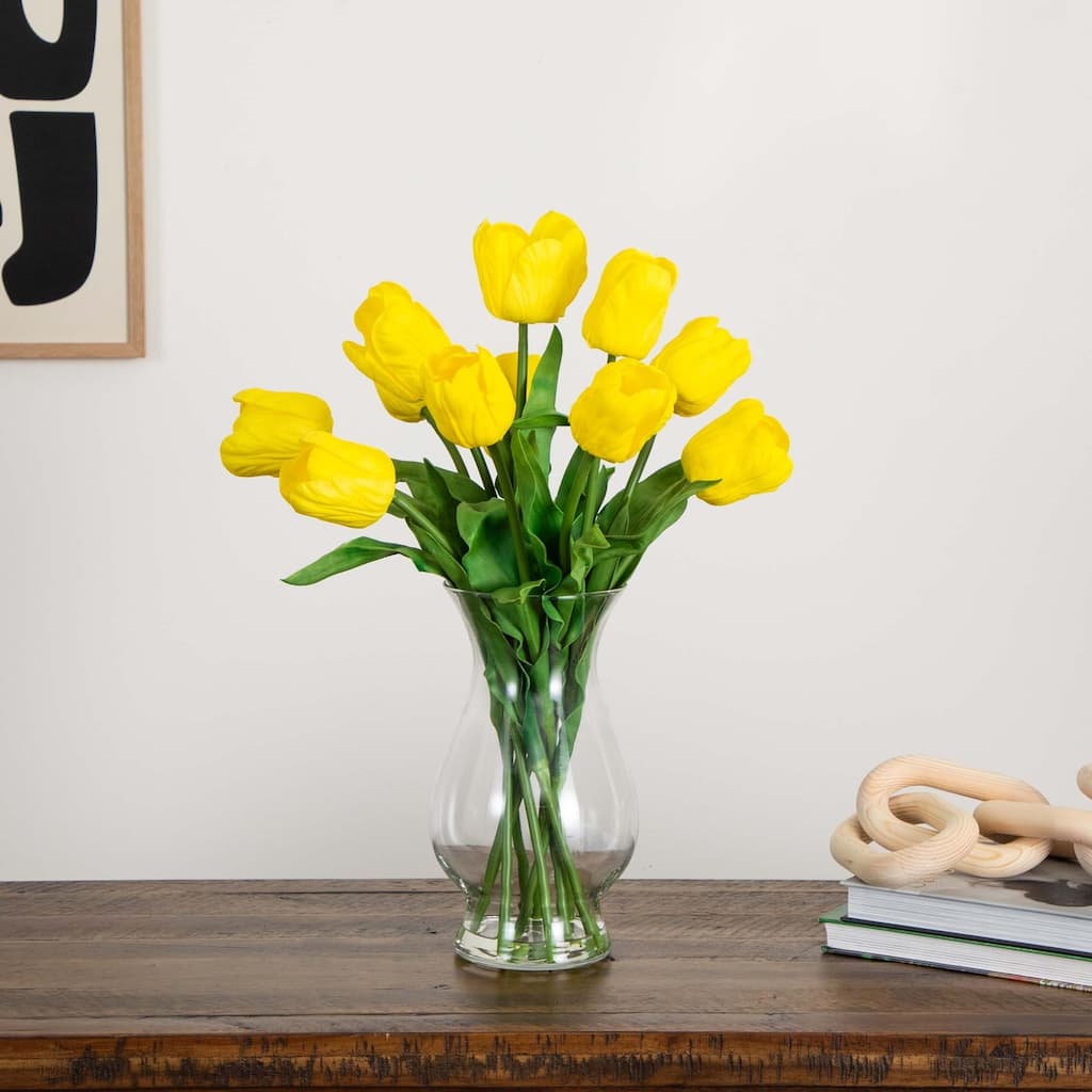 Tulip Artificial Floral Arrangement with Vase - 21" - Yellow and Green