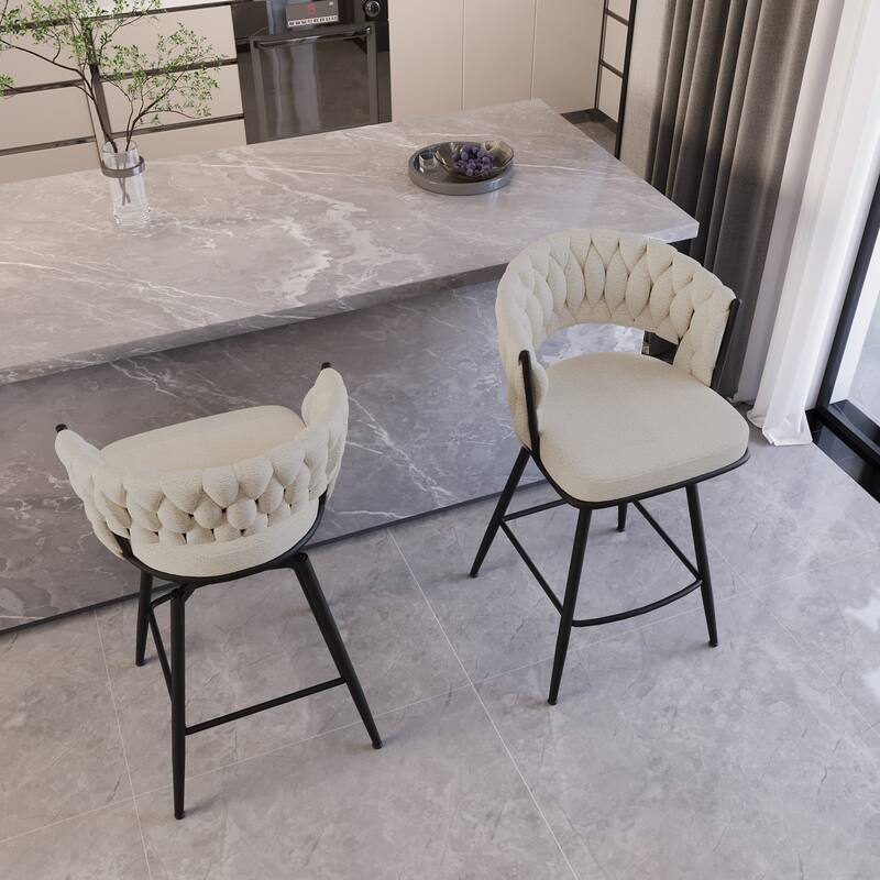 Suede Woven Bar Stool Set of 4, No Adjustable Kitchen Island Chairs,360 Swivel Upholstered Counter Stool with Back Footrest