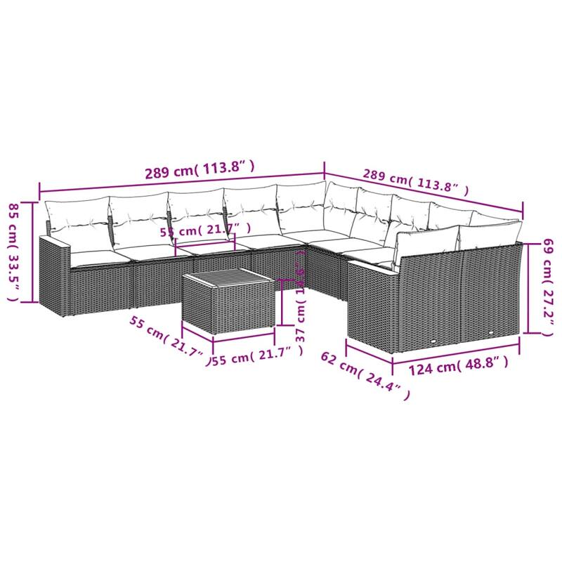vidaXL Patio Sofa Set with Cushions Outdoor Conversation Furniture Poly Rattan - 24.4 x 24.4 x 27.2 in