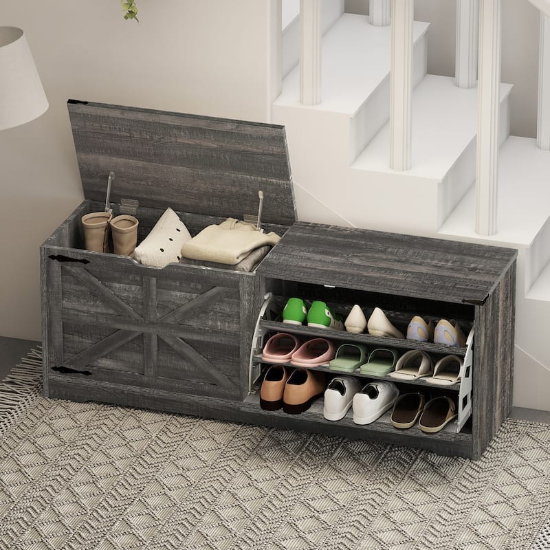 Moasis 55" Width Shoe Storage Bench,Shoe Cabinet with 3 Flip Drawer & Flip-Top Storage - Oak