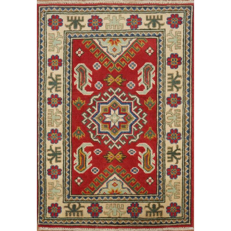 Hand Knotted Oriental 100% Wool Carpet Traditional Tribal Red Kazak Area Rug - 3' 0'' X 1' 11''