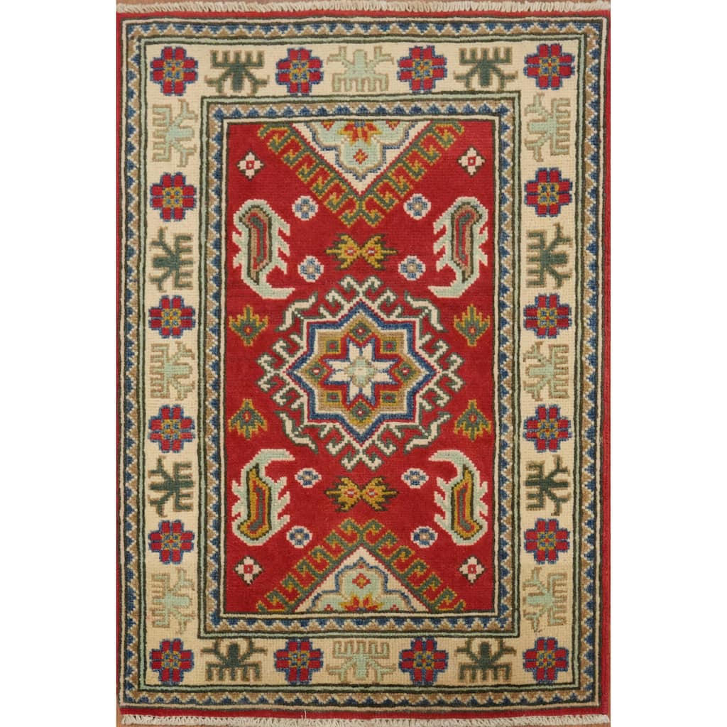 Hand Knotted Oriental 100% Wool Carpet Traditional Tribal Red Kazak Area Rug - 3' 0'' X 1' 11''