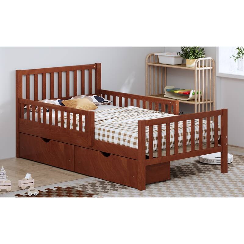 Twin Size Pinewood Platform Bed with Dual Guardrails, 2 Storage Drawers and 300lb Capacity