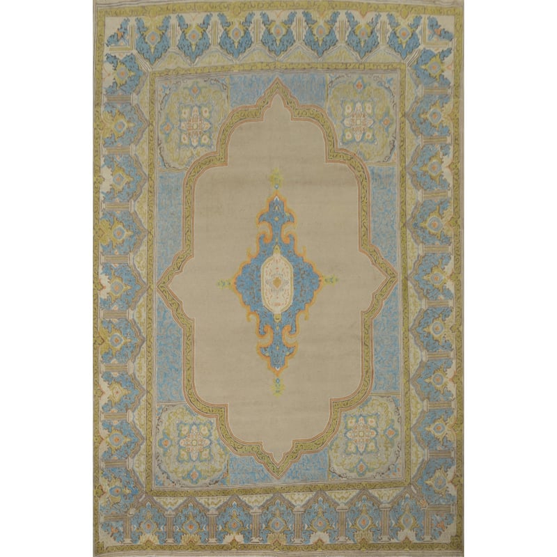 Hand Knotted Oriental 100% Wool Carpet Traditional Medallion Beige & Ivories Kerman Area Rug - 13' 4'' X 9' 7''