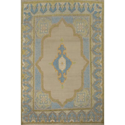 Hand Knotted Oriental 100% Wool Carpet Traditional Medallion Beige & Ivories Kerman Area Rug - 13' 4'' X 9' 7''