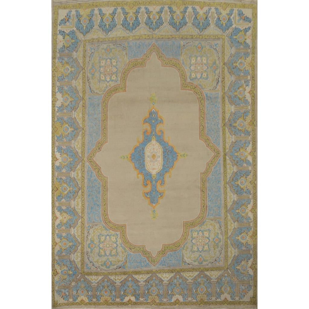 Hand Knotted Oriental 100% Wool Carpet Traditional Medallion Beige & Ivories Kerman Area Rug - 13' 4'' X 9' 7''