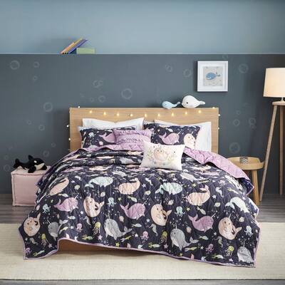 Taylor & Olive Petunia Purple Narwhal Reversible Cotton Coverlet Set