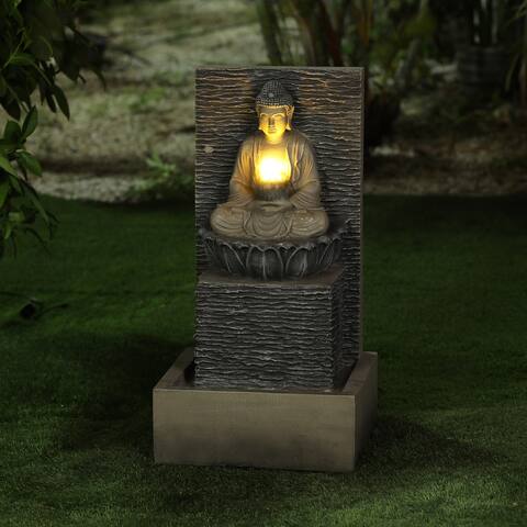 Lighted Resin Meditating Buddha on Pedestal Patio Fountain