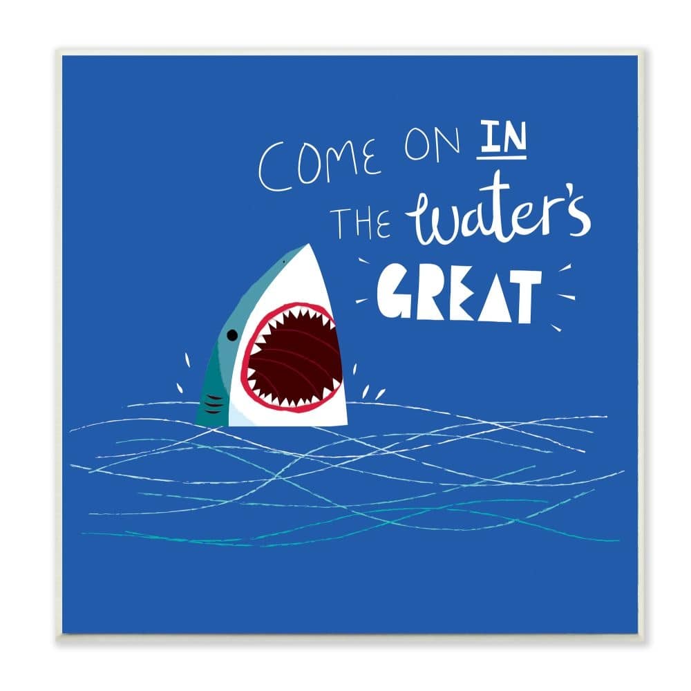 Stupell The Waters Great Phrase Beach Shark Swimming Joke Wood Wall Art,12x12 - Blue