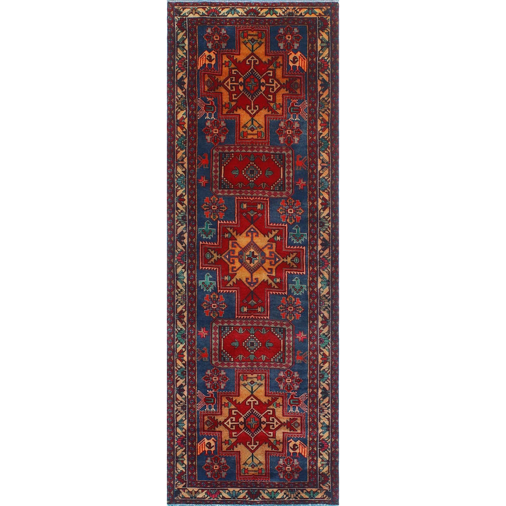 Fine Vintage Distressed Phillip Navy/Red Runner - 3'6" x 10'4"