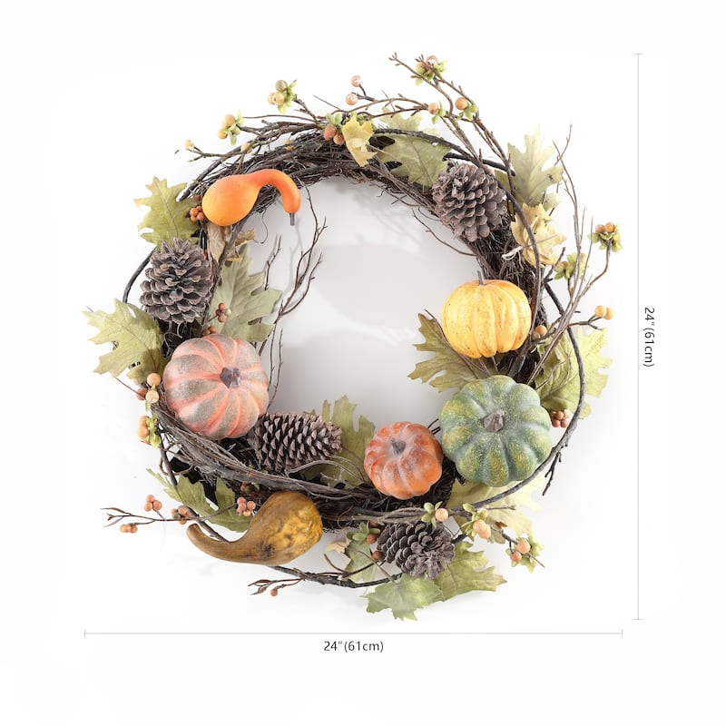 SAFAVIEH Faux 24 Inch Oak Leak Wreath W/ Pumpkins - 24" W x 24" D x 7" H