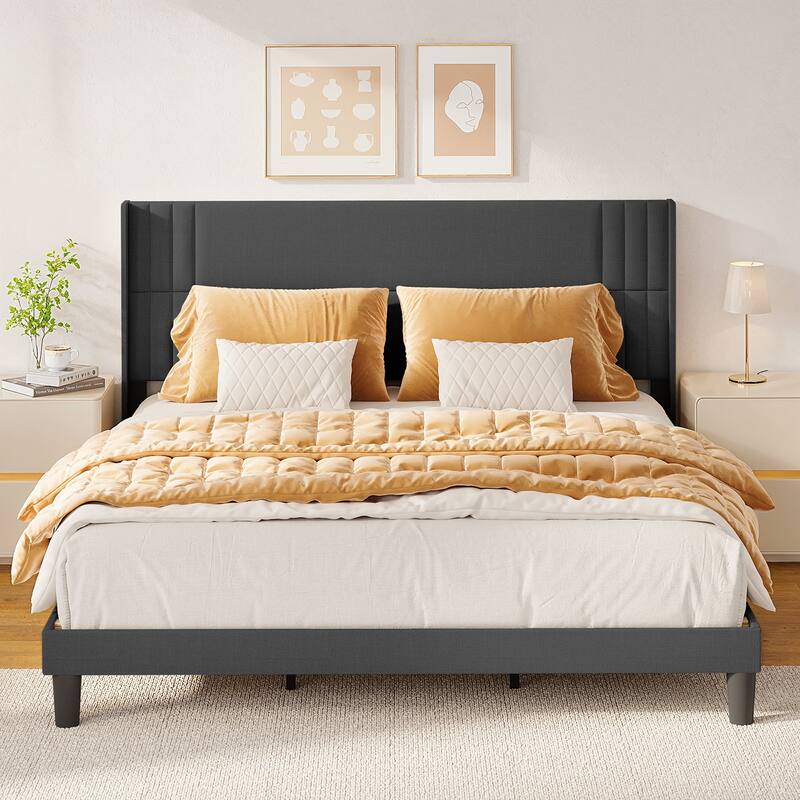 Twin/Full/Queen/King Bed Frame with Wingback Headboard, Upholstered Platform Bed