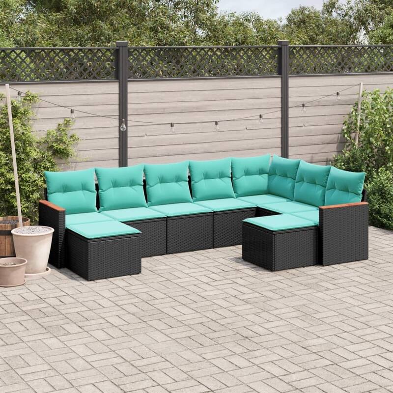 vidaXL 9 Piece Patio Sofa Set with Cushions Black Poly Rattan - 21.7x27.2x24.4-Without table