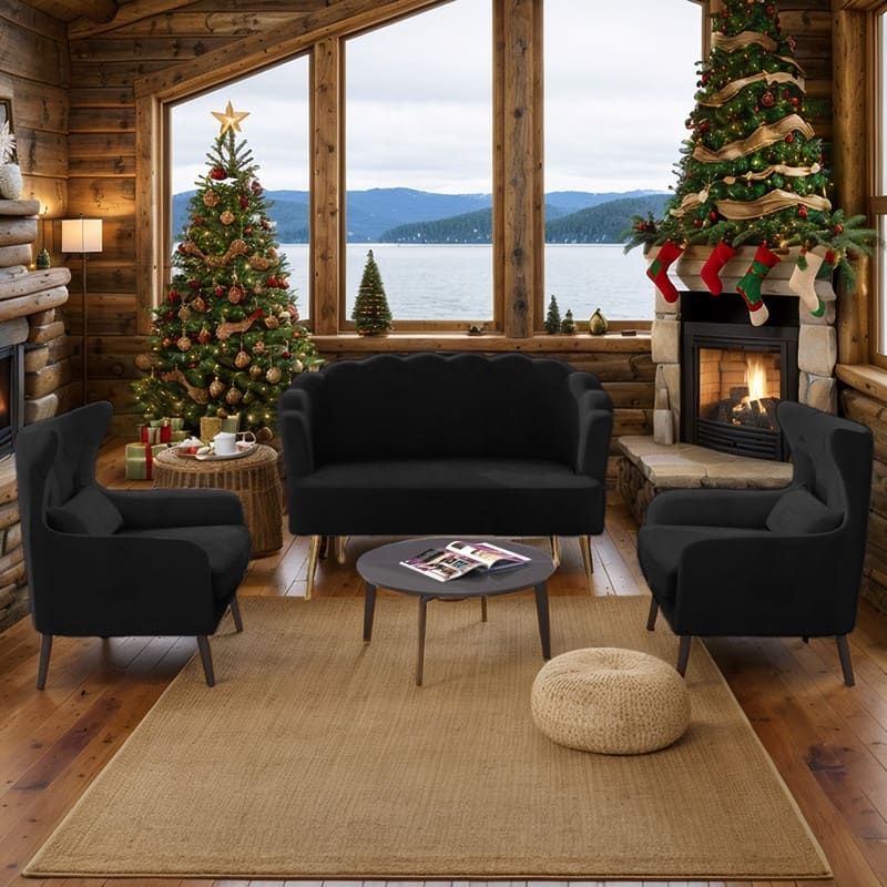 Velvet Tuft Thick Cushion Metal Legs Loveseat Two Accent Chairs