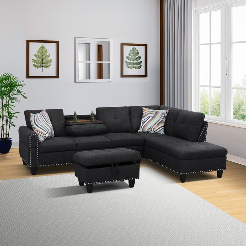 3 Piece Modular Sectional Sofa with Storage Ottoman and Flip Top Table