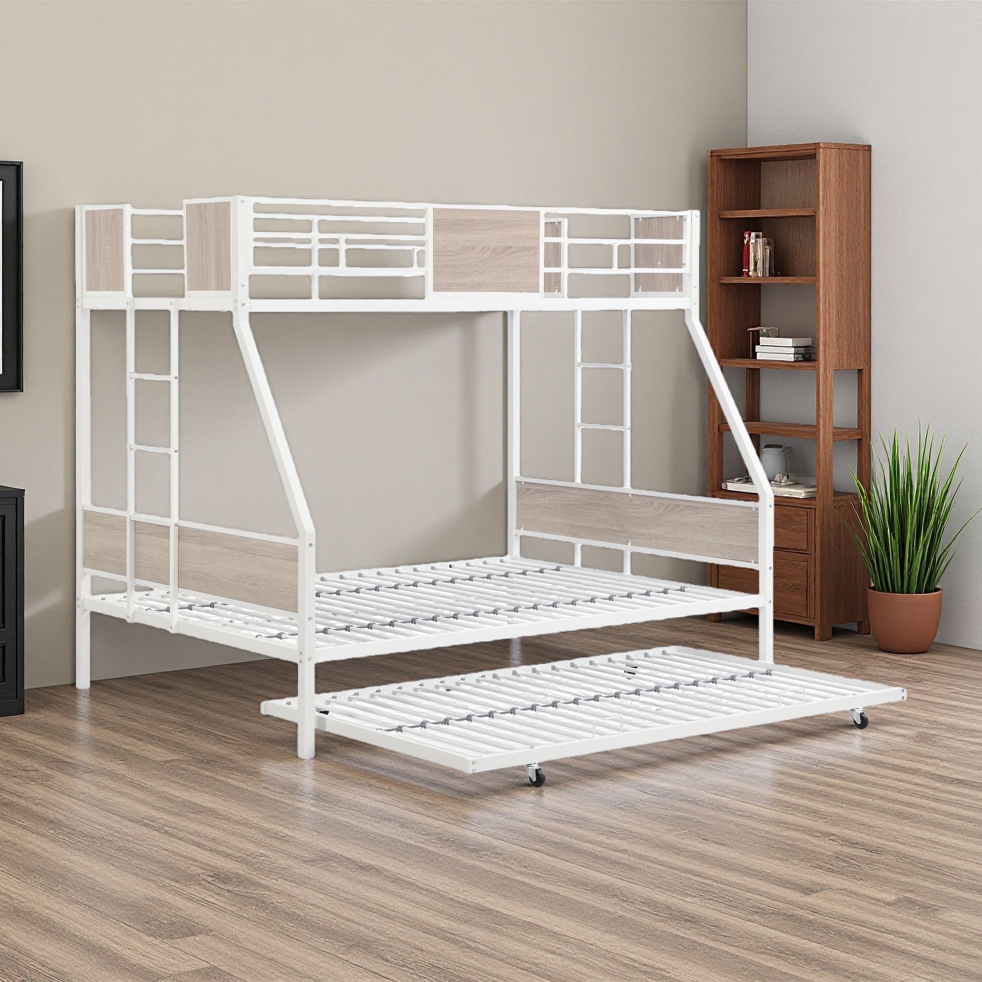 Twin Over Full Metal Bunk Bed with Trundle and Dual Side Ladders