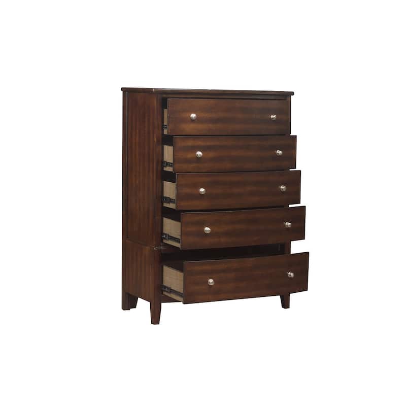 5 Drawer Wooden Chest with Chamfered Legs, Dark Brown