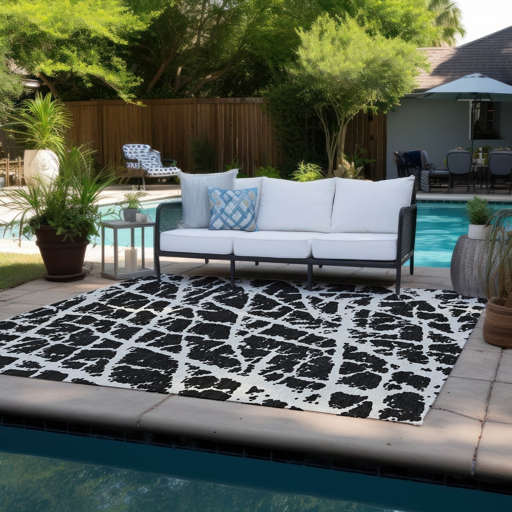 Machine Washable Indoor/ Outdoor Transitional Black Crackle Chantille Rug