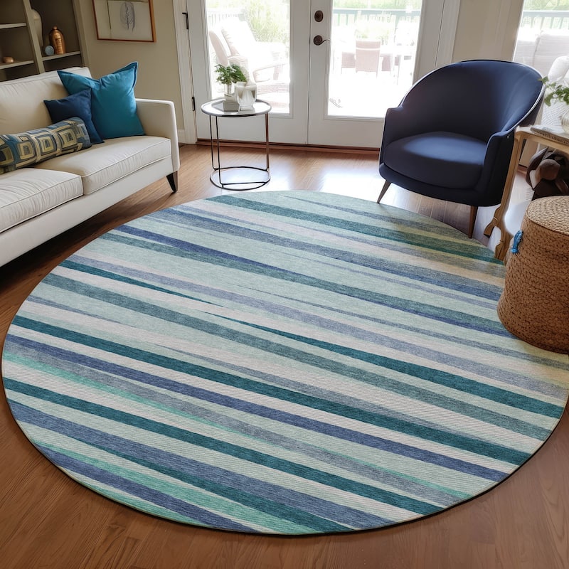 Machine Washable Indoor/ Outdoor Modern Stripes Chantille Rug - Teal - 8' x 8'
