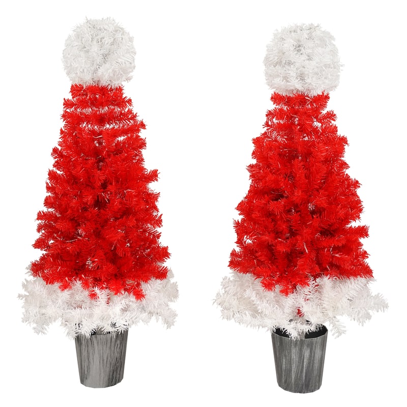 Set of 2 Lighted Santa Hat Style Christmas Tree, 4ft Artificial Tree with Warm White Lights