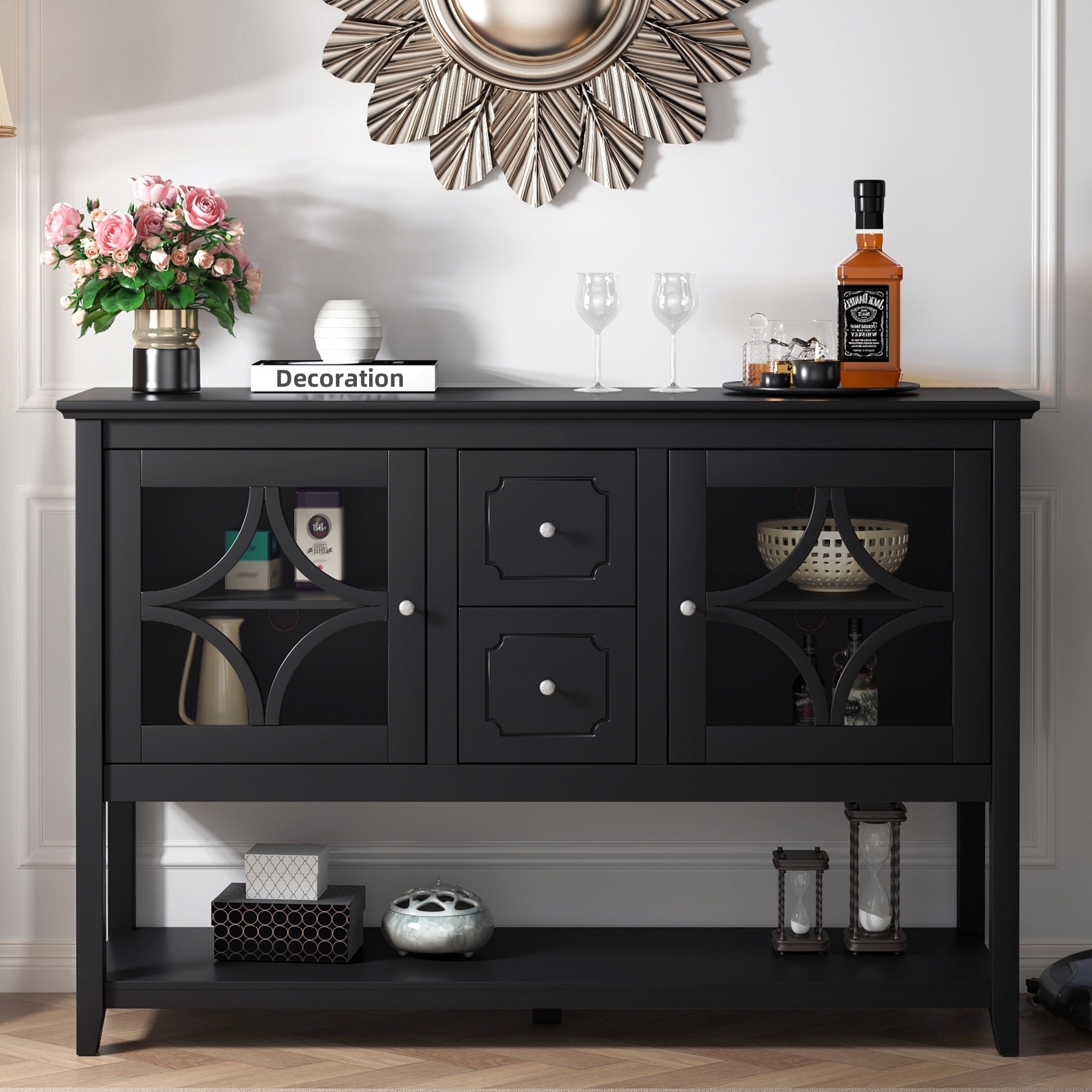 Rectangular Tempered Glass Doors Media Cabinet with Drawer 51.8 Wooden Console Table with Adjustable Shelves
