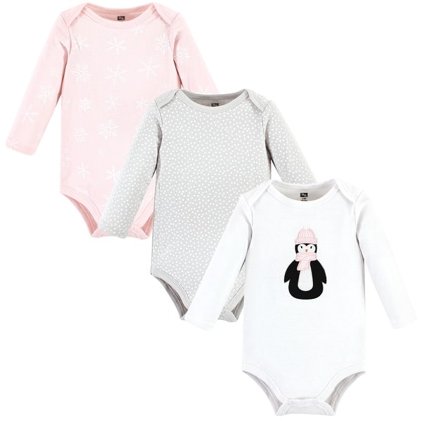 slide 1 of 1, Hudson Baby Infant Girl Cotton Long-Sleeve Bodysuits, Pink Penguin 3-Pack 12-18 Months - Pink Penguin 3-Pack