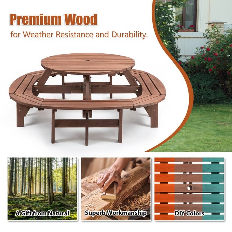 Large Round Wooden Outdoor Dining Table With Built-In Circular Bench – Seats 10-12 People, 500lb Capacity, Walnut Brown Finish.