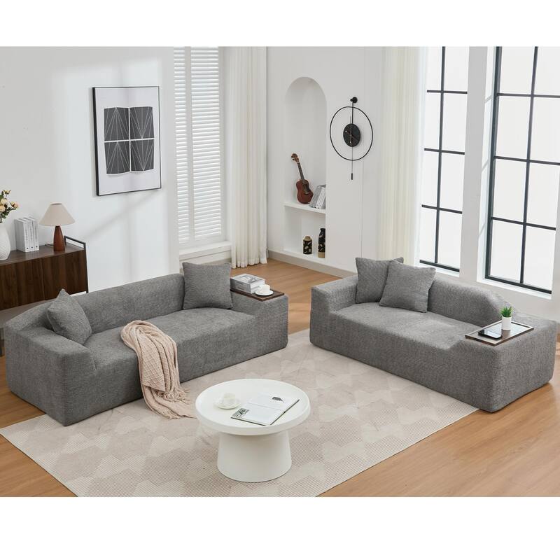Boucle Couch Sofa Set, 2-Piece Modern 3-Seater + 2-Seater with Chaise & Ottoman Option - Dark Grey