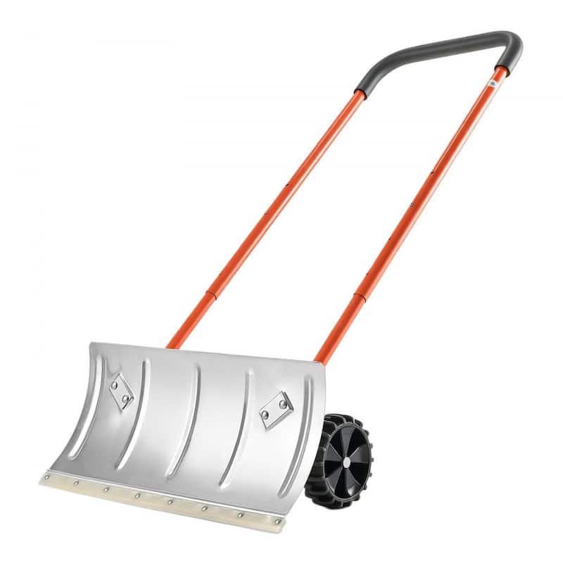 24 Inch Push Snow Shovel with Wide Blade Sturdy Frame and Anti-Slip Wheels for Driveway Yard or Sidewalk