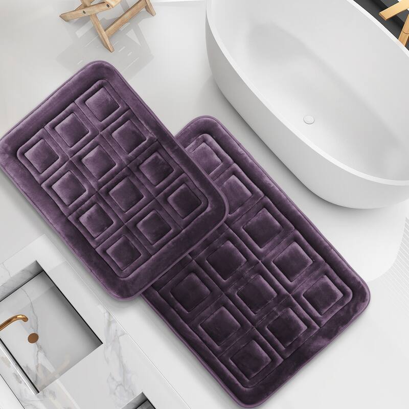 Clara Clark Ultra Soft Non Slip and Absorbent Bath Rug - Waffled Velvet Memory Foam Bath Mat - Small-Large (2PK) - Purple Eggplant