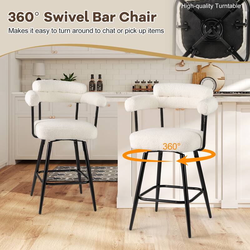 Set of 2 Counter Height Plush Boucle Fabric Bar Stools with Swivel Seat for Kitchen or Cafe - 25" x 21" x 39.5"