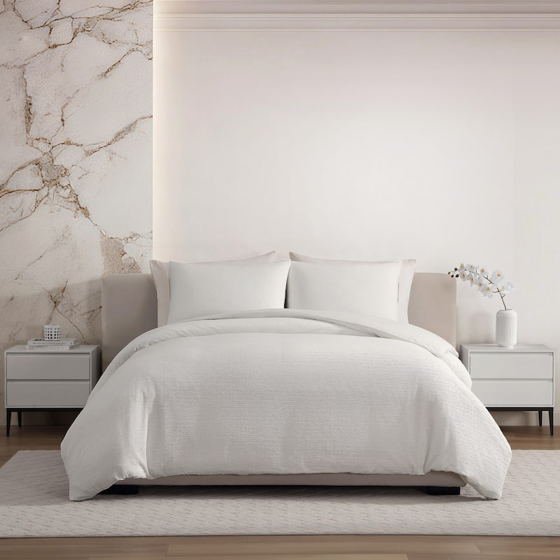 Vera Wang Crinkle Textured Reversible Duvet Cover Set Minimal Design (White, 3 Piece)