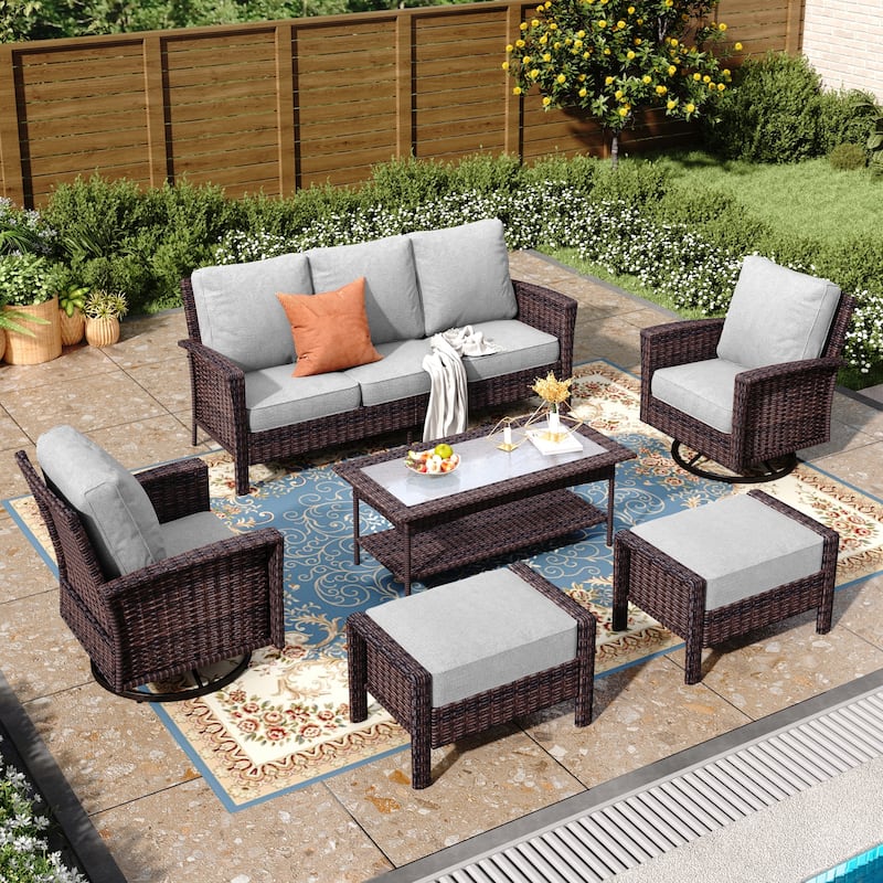 MAISON ARTS Extra-Large Patio Wicker Sofa Conversation Set with Coffee Table, Oversize Seat with 5.5'' Thick Padded Cushion - 5 Seats + Table + 2 Ottoman - Grey
