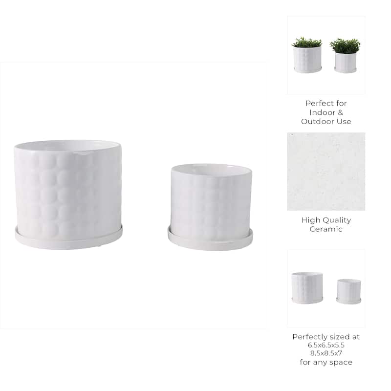 Plant Pot Set of 2 - White Ceramic Round Bubble Garden,7/9in