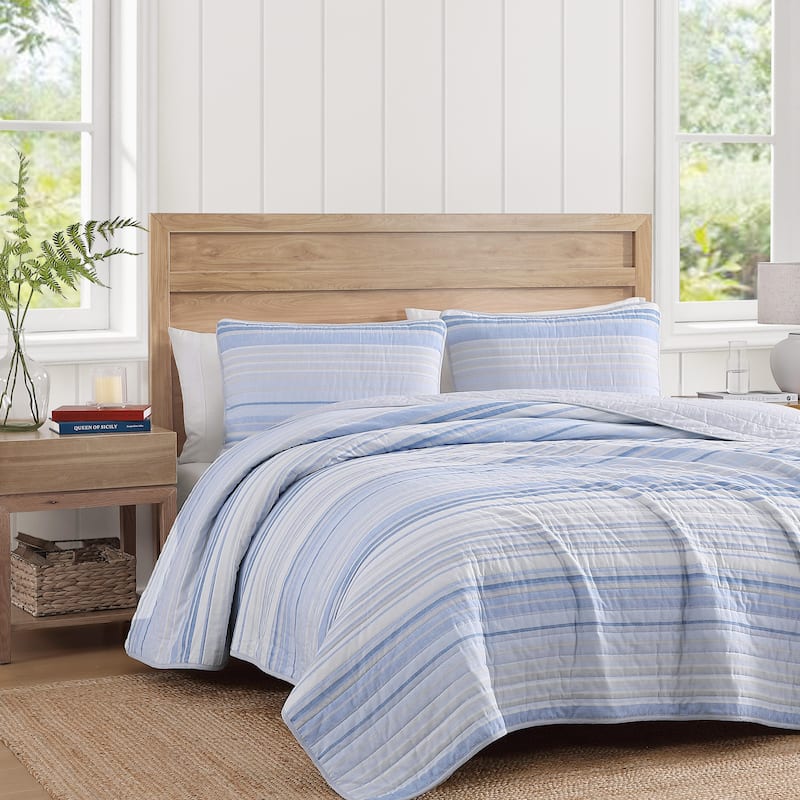 Tommy Hilfiger Bold Stripe Textured Cotton Reversible Blue Quilt Set