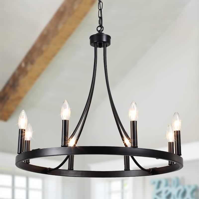 8-Light W23.6" x H82.67" Vintage Rustic Wagon Wheel Chandelier for Living Room - Black