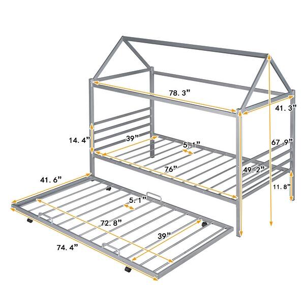 Twin Size Metal House-Shaped Platform Bed with Trundle, Stylish Design and Extra Guest Sleeping Space, Silver