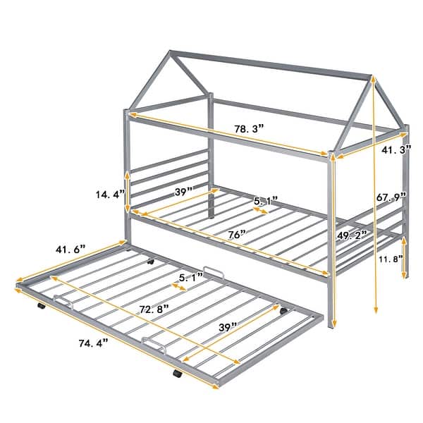 dimension image slide 0 of 2, Twin Size Stylish Metal House Shape Platform Bed With Trundle