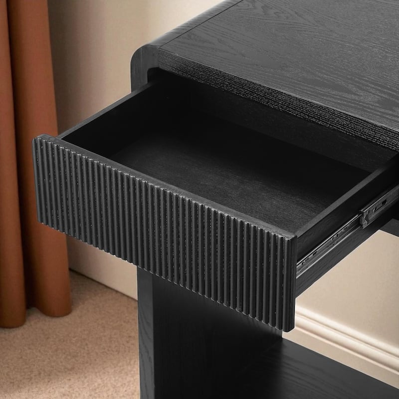 Modern 3-Drawer Console Table with Vertical Slat Design, Rounded Edge Entryway Storage Table with Shelf