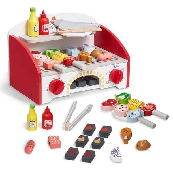 slide 2 of 7, Kids BBQ Grill Playset, Wooden Grill Playset With Realistic Carbon Fire, Wooden Play Food Kitchen Accessory (26 PCS) - 26 PCS Kids