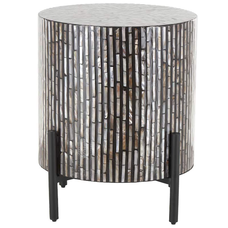 Mother of Pearl Shell Geometric Handmade Mosaic Inlay Accent Table with Black Metal Legs - Multi Colored - Roche River Decor - Multi Colored - Brown