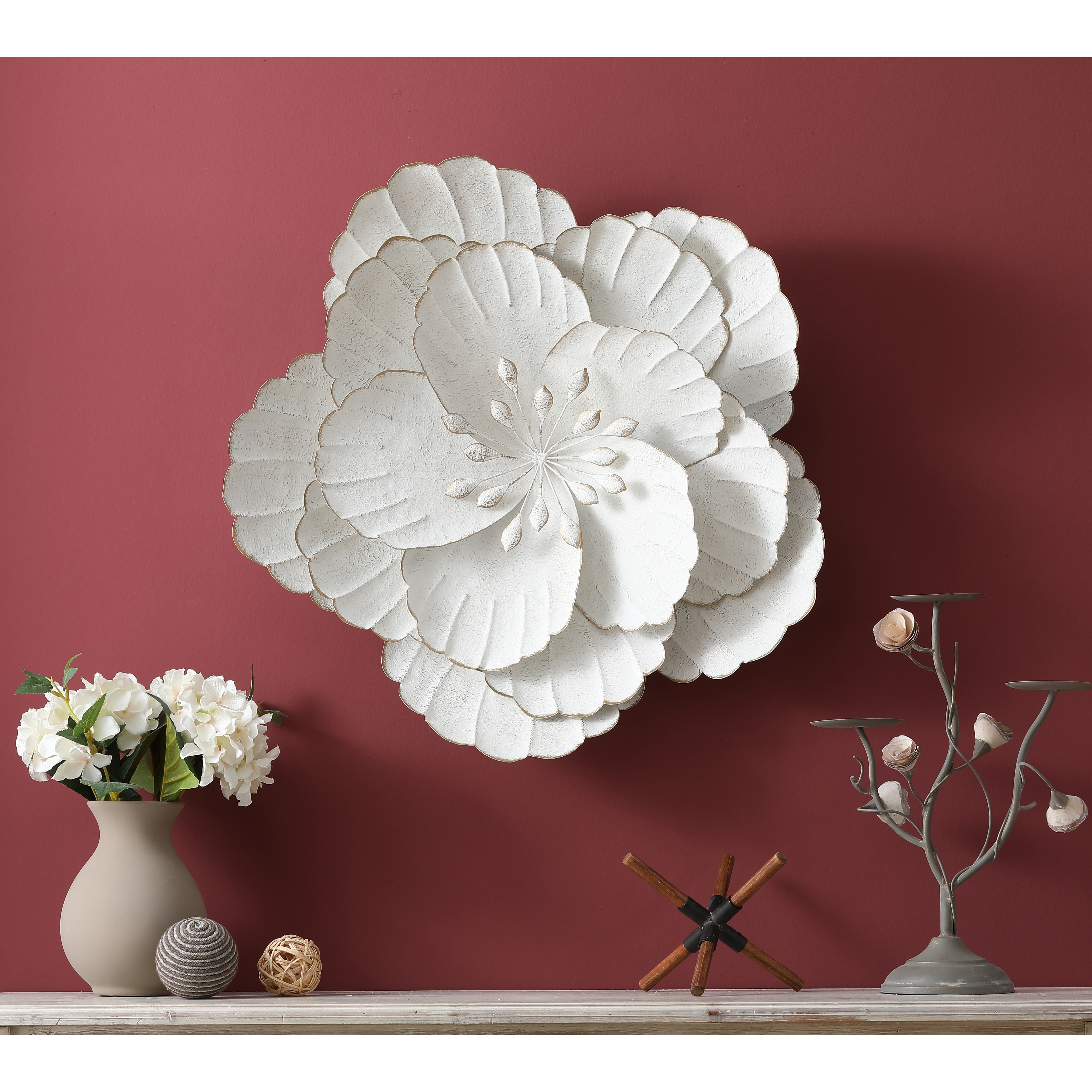 21-Inch Distressed White Metal Flower Wall Decor